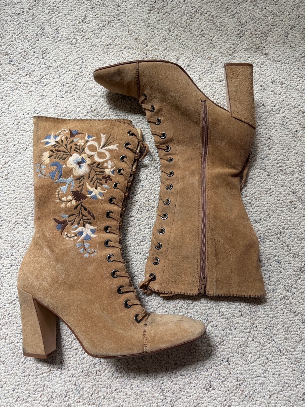 Vtg Nine West Lace-Up Suede Block Heel Boots - Tan Sz 10M